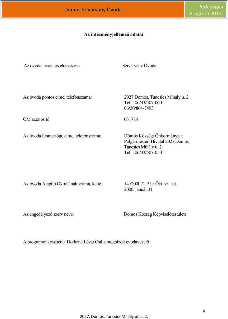 : 06/33/507-060 06/30/864-7493 OM azonosító 031784 Az óvoda fenntartója, címe, telefonszáma: Dömös Községi Önkormányzat Polgármesteri Hivatal