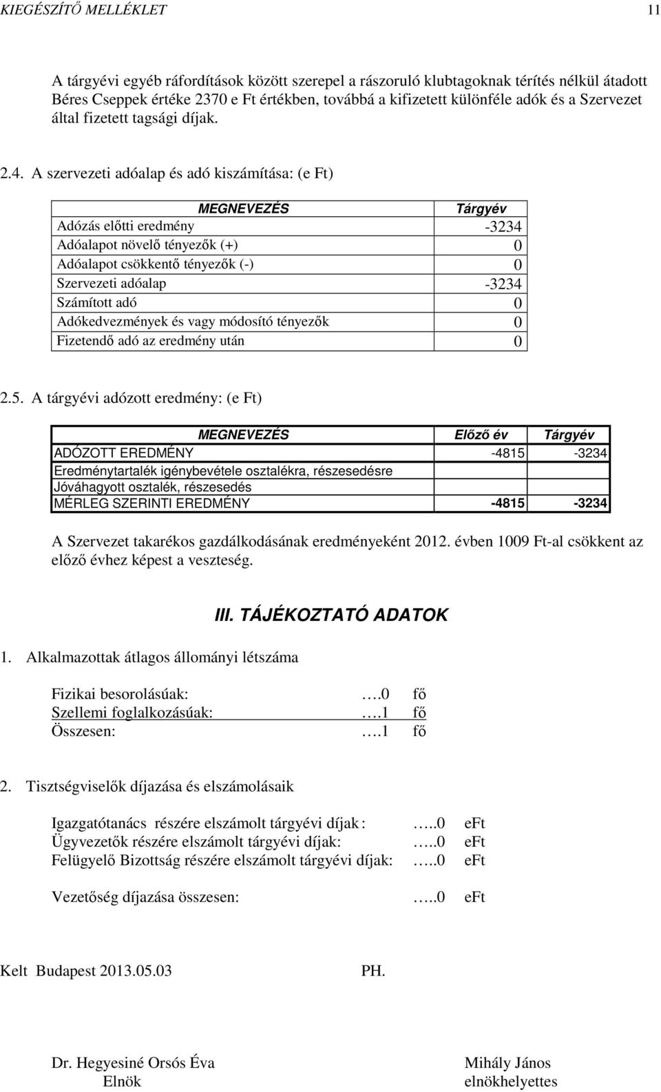 A szervezeti adóalap és adó kiszámítása: (e Ft) Tárgyév Adózás előtti eredmény -3234 Adóalapot növelő tényezők (+) 0 Adóalapot csökkentő tényezők (-) 0 Szervezeti adóalap -3234 Számított adó 0