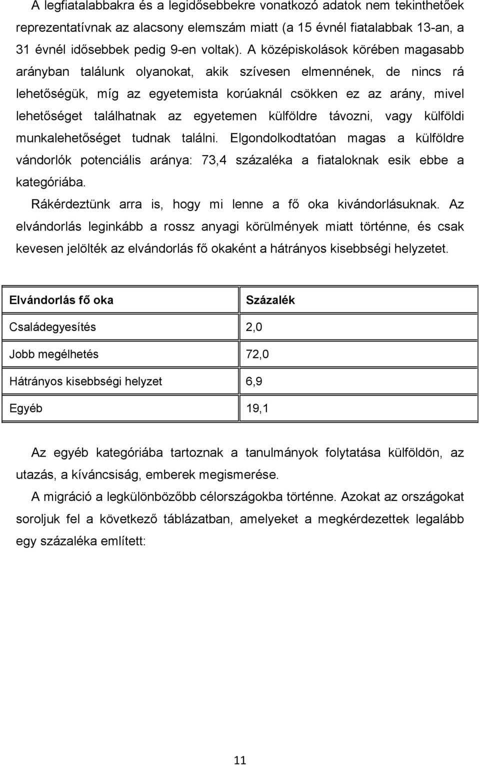 egyetemen külföldre távozni, vagy külföldi munkalehetıséget tudnak találni. Elgondolkodtatóan magas a külföldre vándorlók potenciális aránya: 73,4 százaléka a fiataloknak esik ebbe a kategóriába.