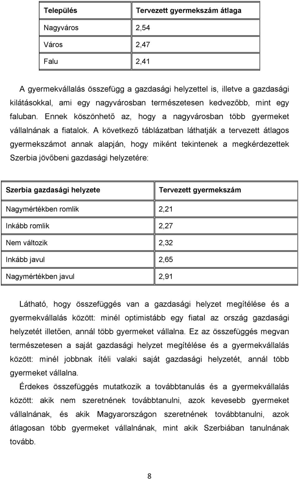 A következı táblázatban láthatják a tervezett átlagos gyermekszámot annak alapján, hogy miként tekintenek a megkérdezettek Szerbia jövıbeni gazdasági helyzetére: Szerbia gazdasági helyzete Tervezett