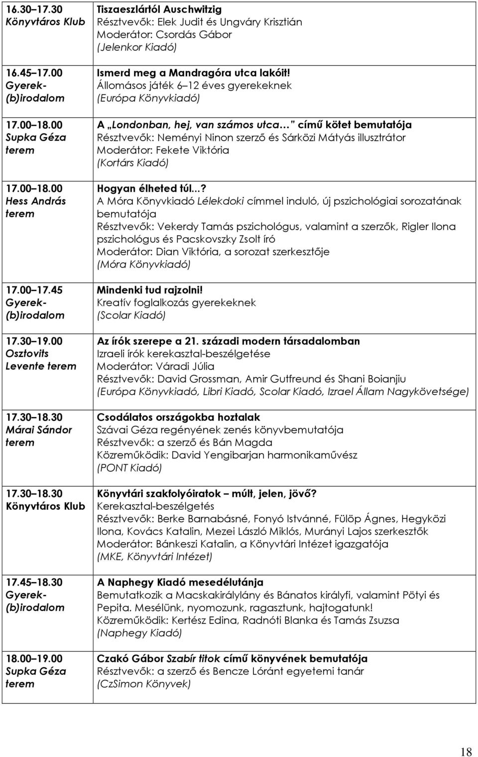 Állomásos játék 6 12 éves gyerekeknek (Európa Könyvkiadó) A Londonban, hej, van számos utca címő kötet bemutatója Résztvevık: Neményi Ninon szerzı és Sárközi Mátyás illusztrátor Moderátor: Fekete