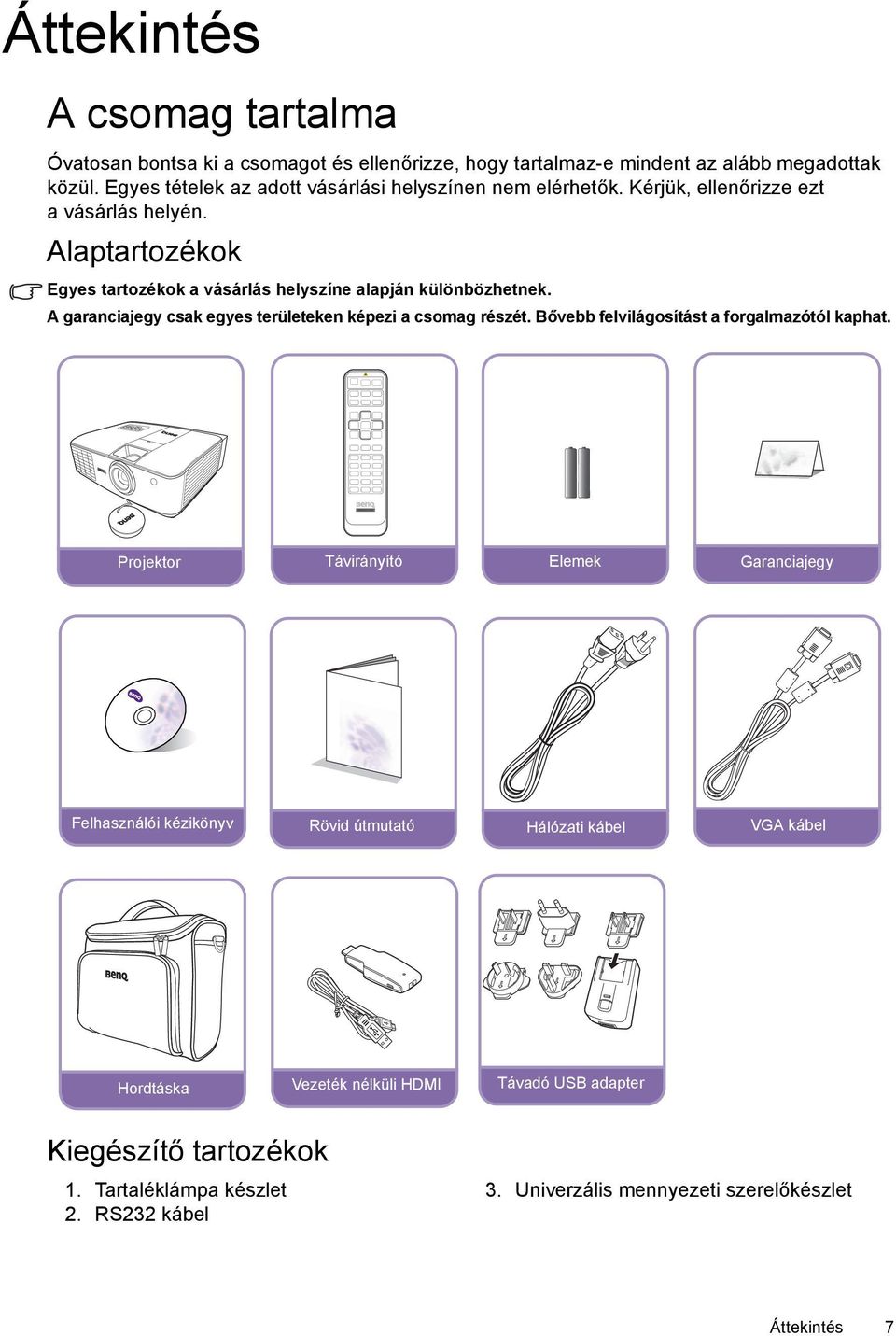 Alaptartozékok Egyes tartozékok a vásárlás helyszíne alapján különbözhetnek. A garanciajegy csak egyes területeken képezi a csomag részét.