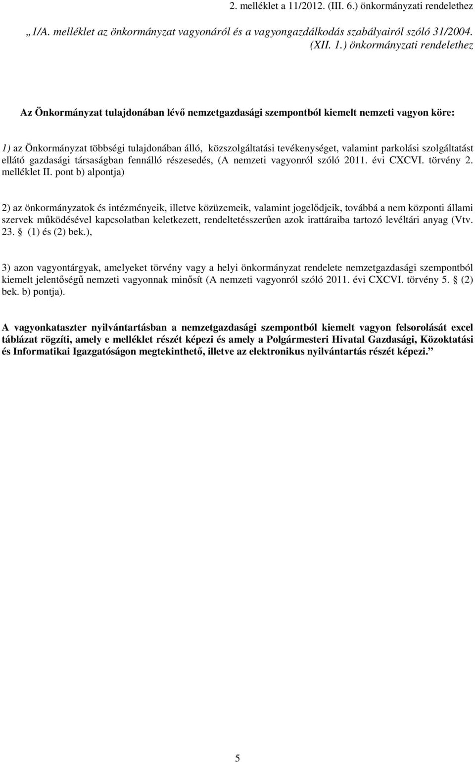 A. melléklet az önkormányzat vagyonáról és a vagyongazdálkodás szabályairól szóló 31/2004. (XII. 1.