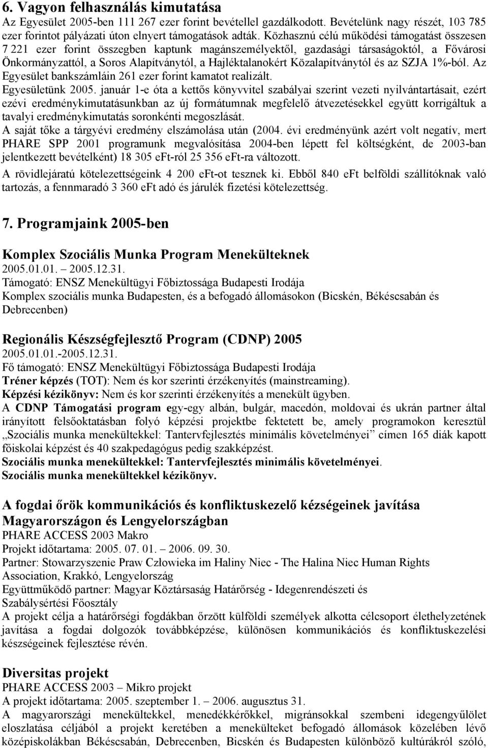 Közalapítványtól és az SZJA 1%-ból. Az Egyesület bankszámláin 261 ezer forint kamatot realizált. Egyesületünk 2005.