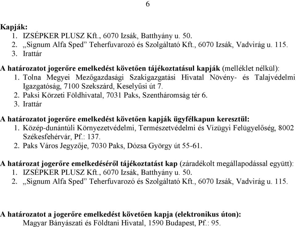 Tolna Megyei Mezőgazdasági Szakigazgatási Hivatal Növény- és Talajvédelmi Igazgatóság, 7100 Szekszárd, Keselyűsi út 7. 2. Paksi Körzeti Földhivatal, 7031 Paks, Szentháromság tér 6. 3.