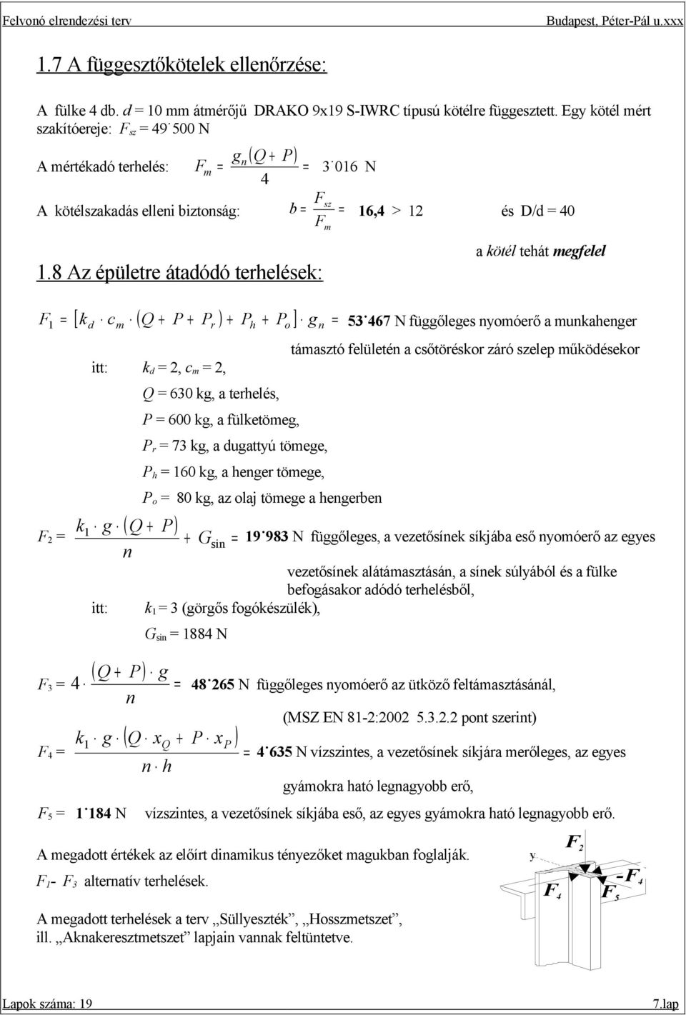 8 Az épületre átadódó terhelések: [ k c ( Q + P + P ) + P + P ] g d m r h o n m a kötél tehát megfelel 1 53 467 N függőleges nyomóerő a munkahenger itt: k d, c m, k g ( Q + P) Q 630 kg, a terhelés, P