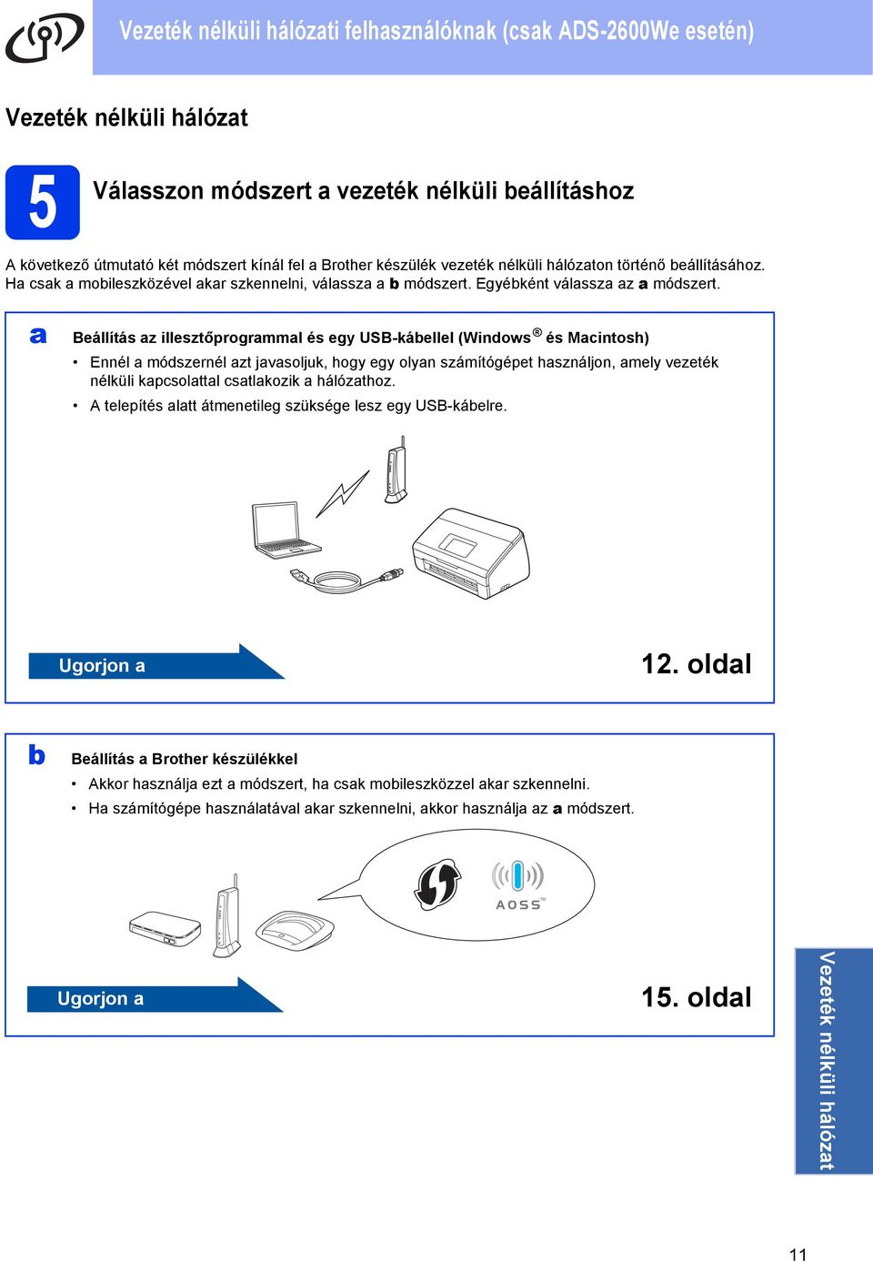 Beállítás z illesztőprogrmml és egy USB-káellel (Windows és Mcintosh) Ennél módszernél zt jvsoljuk, hogy egy olyn számítógépet hsználjon, mely vezeték nélküli kpcsolttl cstlkozik hálózthoz.