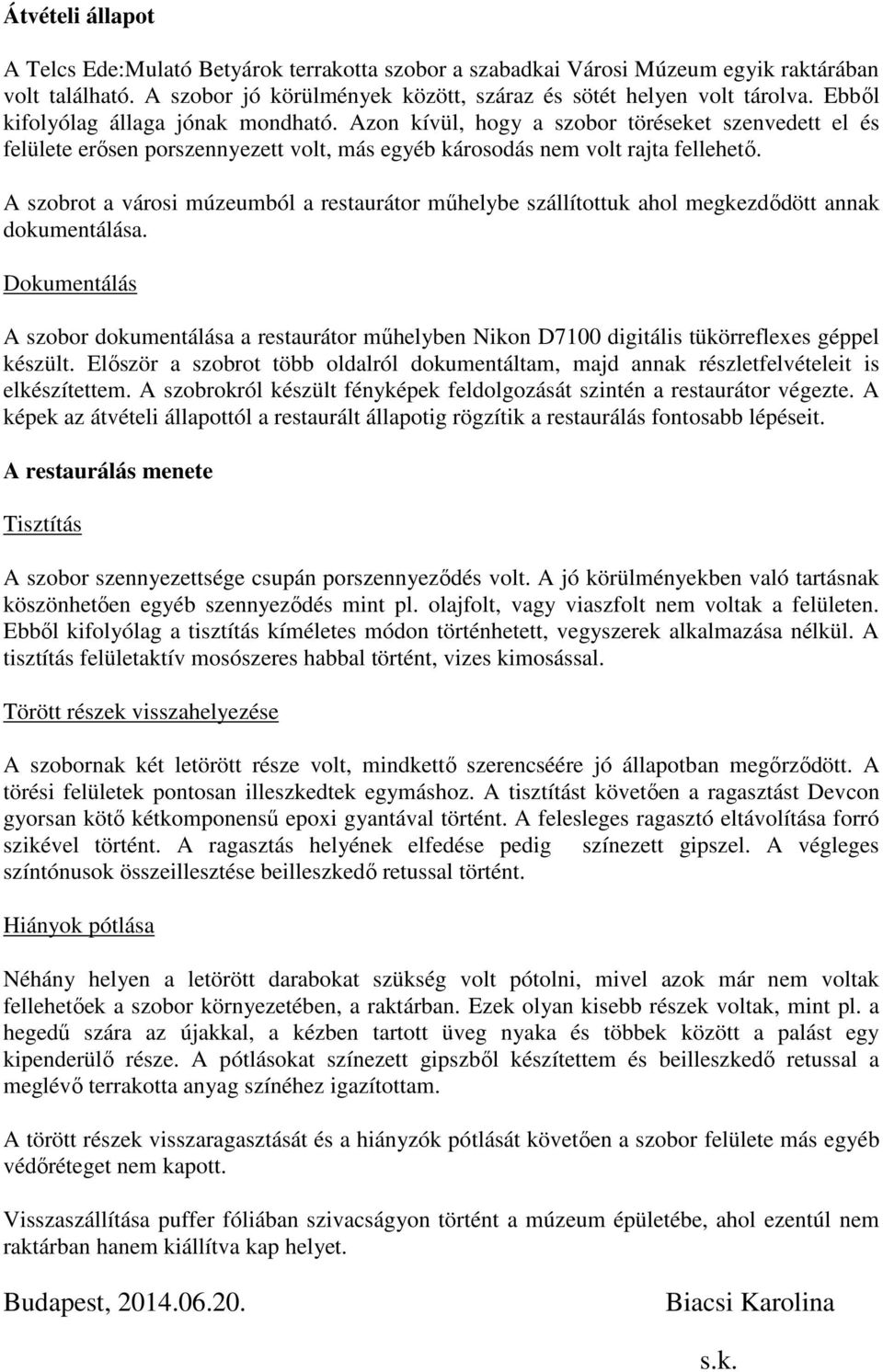 A szobrot a városi múzeumból a restaurátor műhelybe szállítottuk ahol megkezdődött annak dokumentálása.