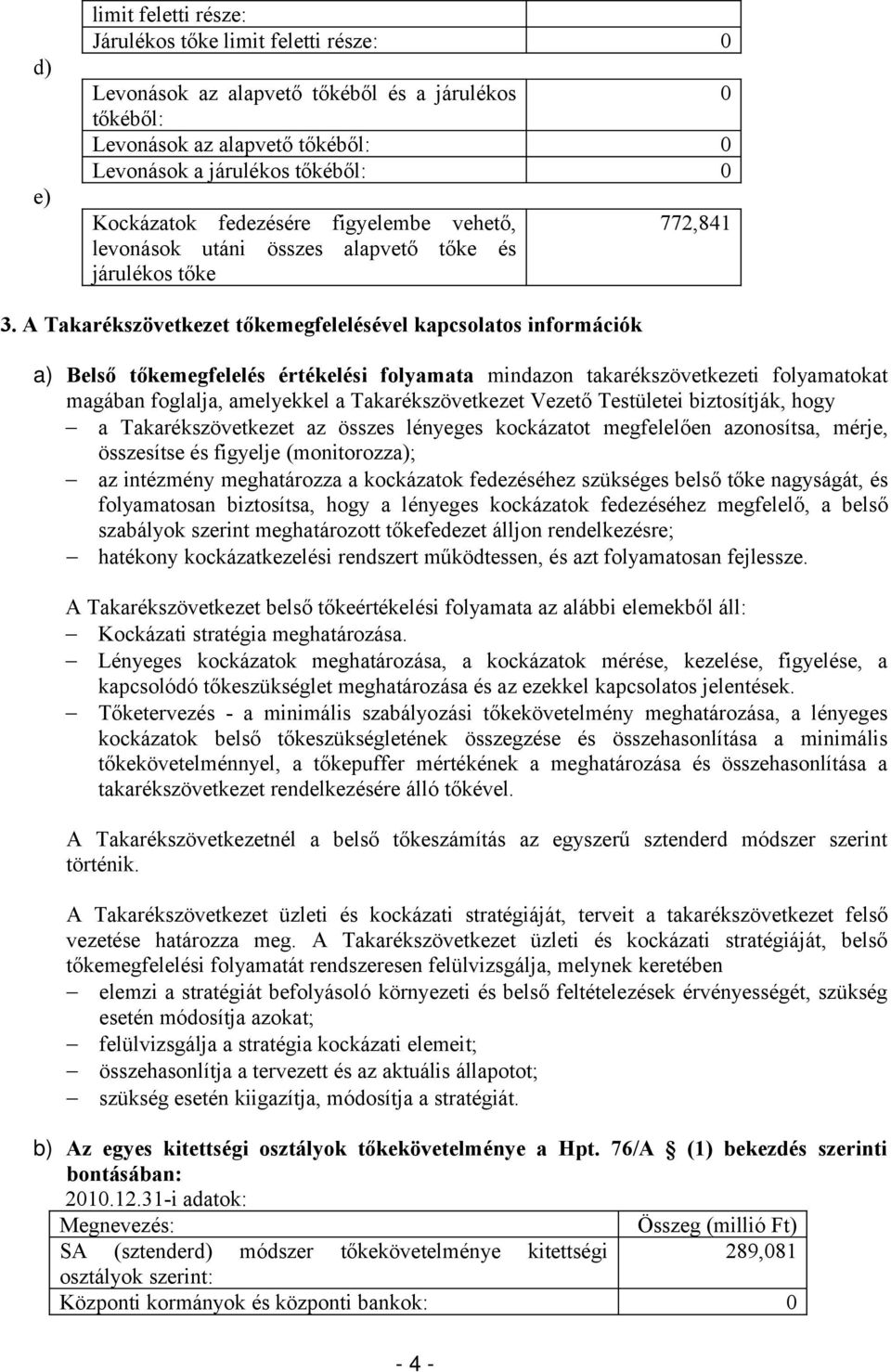 A Takarékszövetkezet tőkemegfelelésével kapcsolatos információk a) Belső tőkemegfelelés értékelési folyamata mindazon takarékszövetkezeti folyamatokat magában foglalja, amelyekkel a