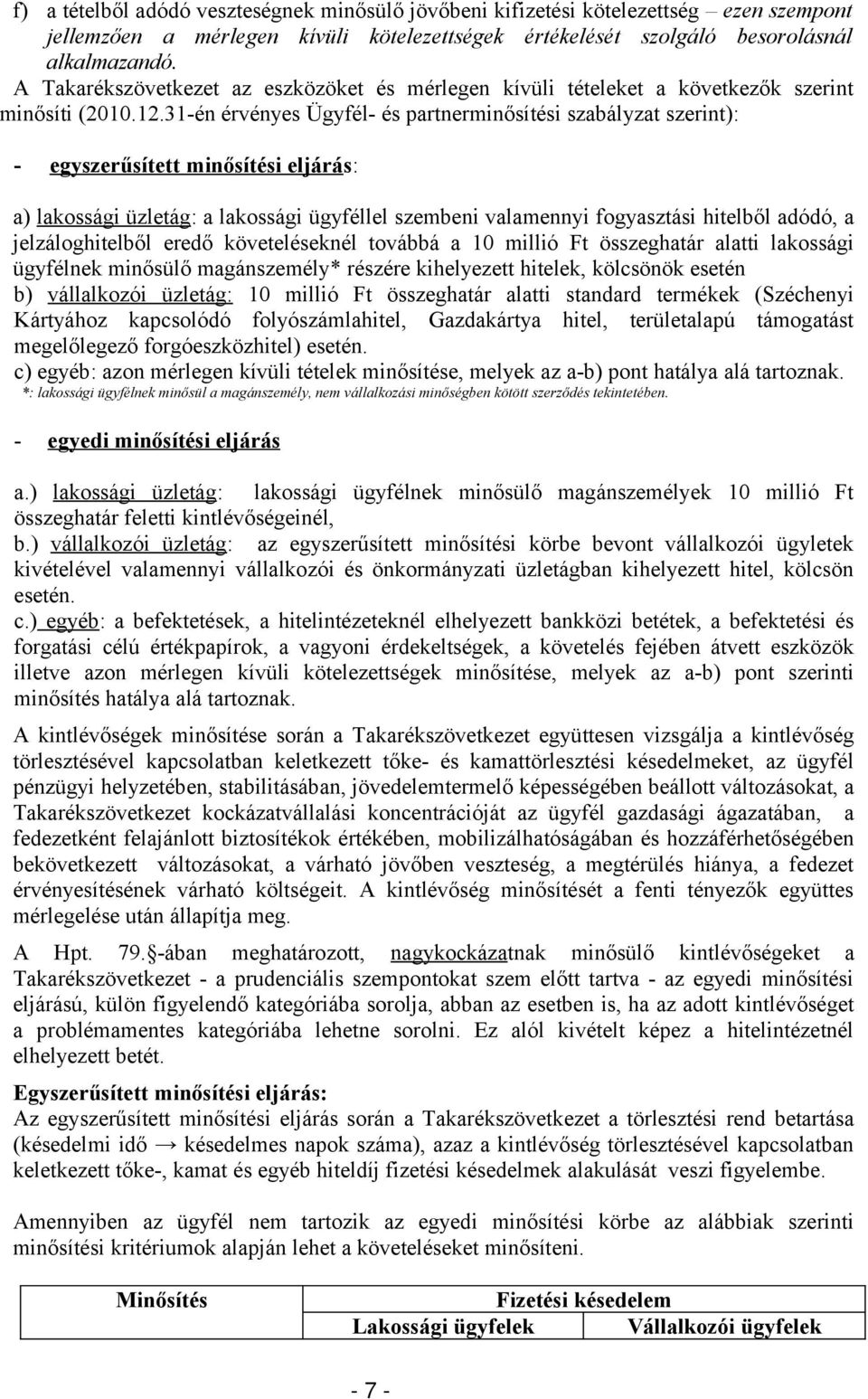 31-én érvényes Ügyfél- és partnerminősítési szabályzat szerint): - egyszerűsített minősítési eljárás: a) lakossági üzletág: a lakossági ügyféllel szembeni valamennyi fogyasztási hitelből adódó, a