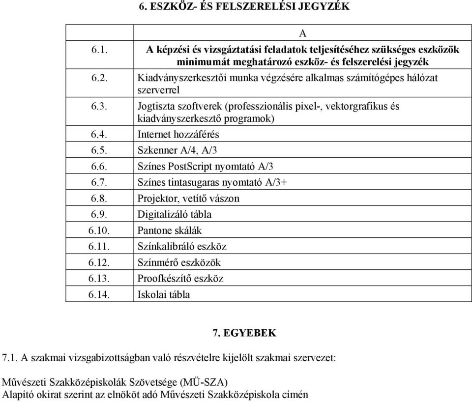 Internet hozzáférés 6.5. Szkenner A/4, A/3 6.6. Színes PostScript nyomtató A/3 6.7. Színes tintasugaras nyomtató A/3+ 6.8. Projektor, vetítő vászon 6.9. Digitalizáló tábla 6.10. Pantone skálák 6.11.