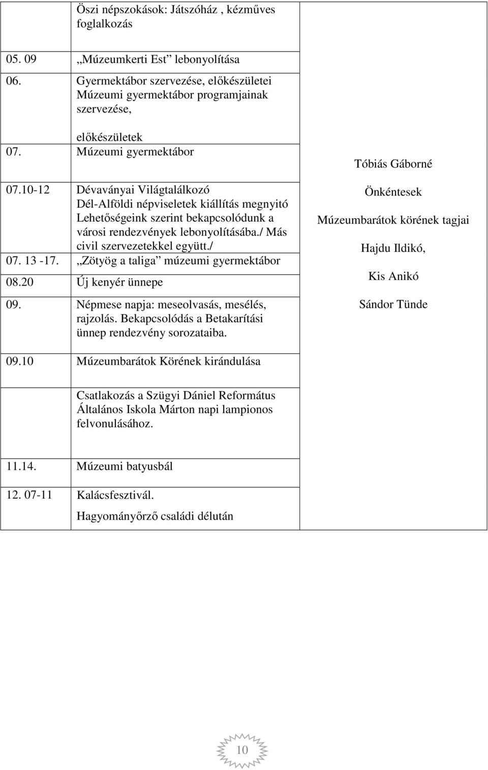 / Más civil szervezetekkel együtt./ 07. 13-17. Zötyög a taliga múzeumi gyermektábor 08.20 Új kenyér ünnepe 09. Népmese napja: meseolvasás, mesélés, rajzolás.