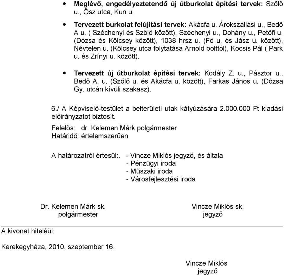 (Kölcsey utca folytatása Arnold bolttól), Kocsis Pál ( Park u. és Zrínyi u. között). Tervezett új útburkolat építési tervek: Kodály Z. u., Pásztor u., Bedő A. u. (Szőlő u. és Akácfa u.