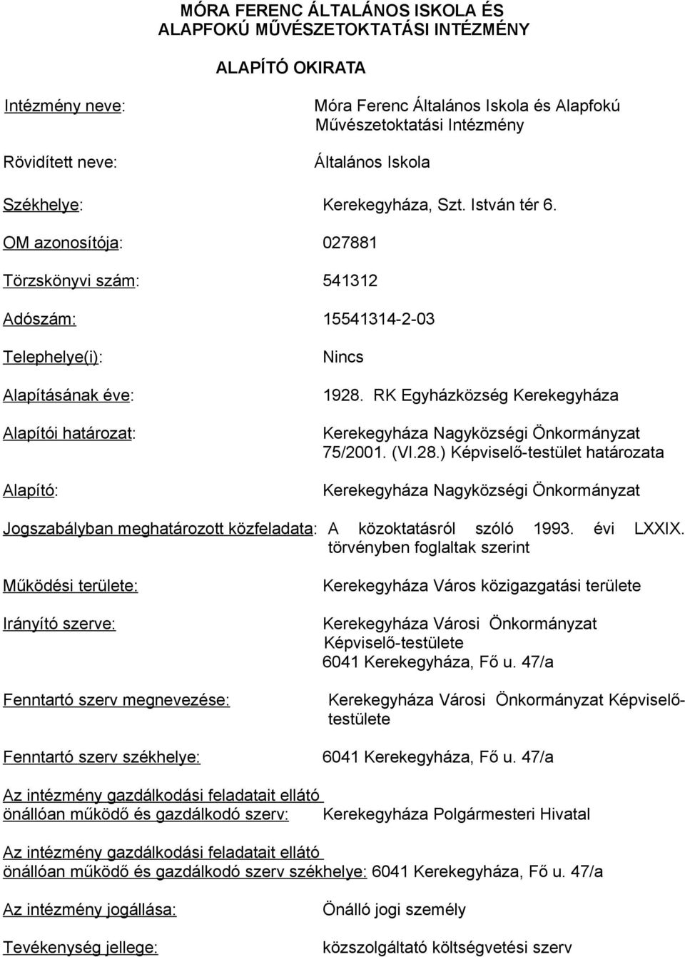 RK Egyházközség Kerekegyháza Kerekegyháza Nagyközségi Önkormányzat 75/2001. (VI.28.