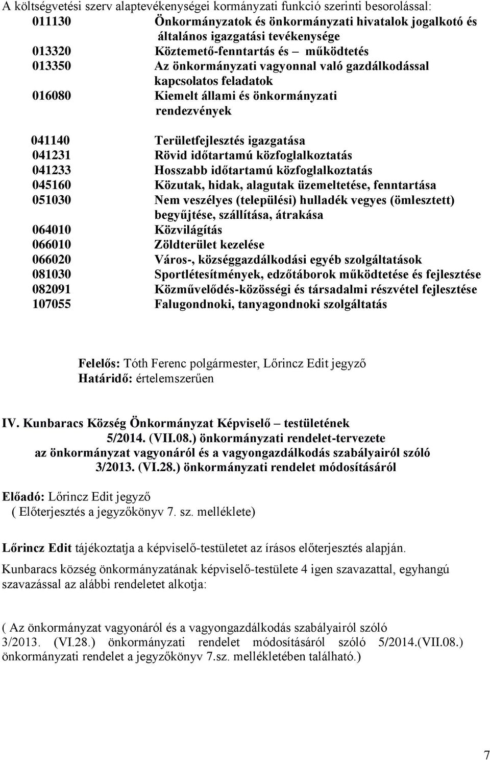 041231 Rövid időtartamú közfoglalkoztatás 041233 Hosszabb időtartamú közfoglalkoztatás 045160 Közutak, hidak, alagutak üzemeltetése, fenntartása 051030 Nem veszélyes (települési) hulladék vegyes