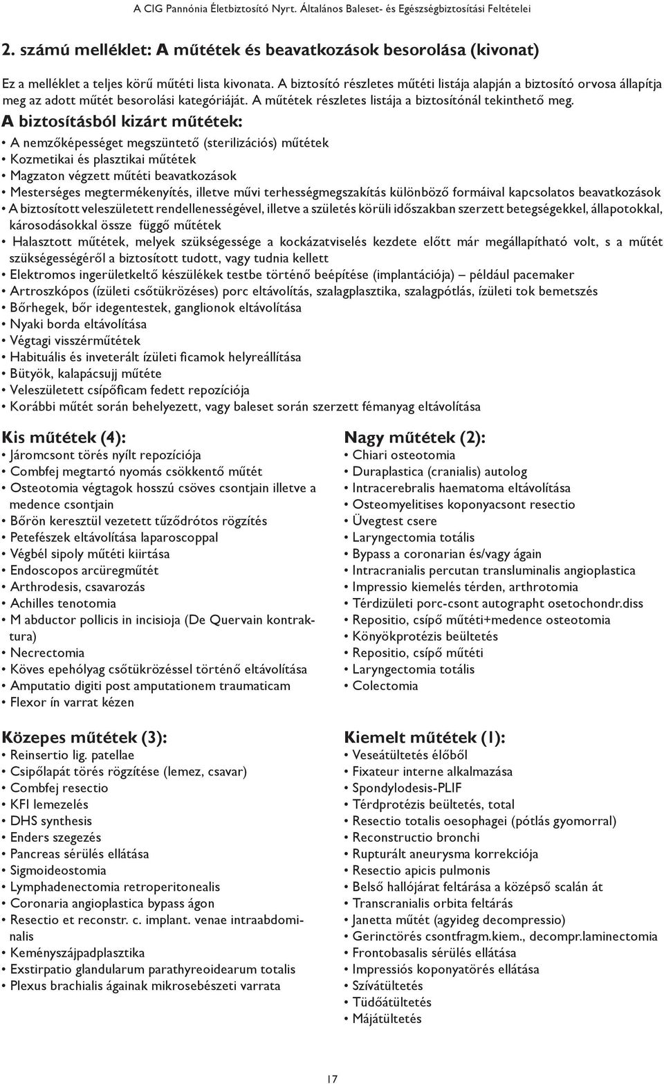 A biztosító részletes műtéti listája alapján a biztosító orvosa állapítja meg az adott műtét besorolási kategóriáját. A műtétek részletes listája a biztosítónál tekinthető meg.