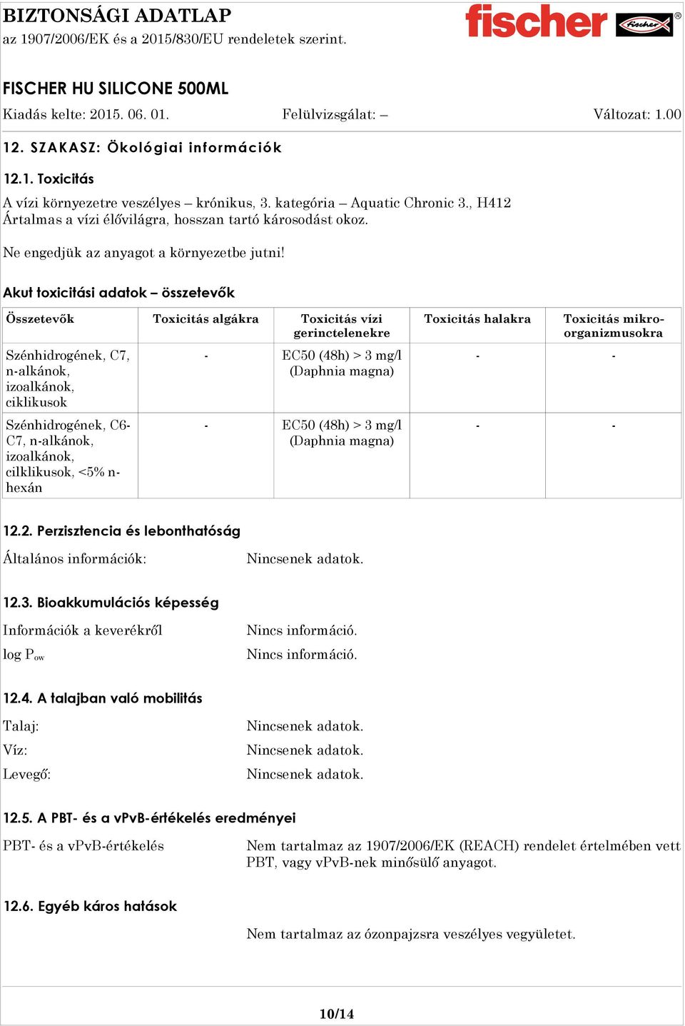 Akut toxicitási adatok összetevők Összetevők Toxicitás algákra Toxicitás vízi gerinctelenekre Szénhidrogének, C7, n-alkánok, izoalkánok, ciklikusok Szénhidrogének, C6- C7, n-alkánok, izoalkánok,