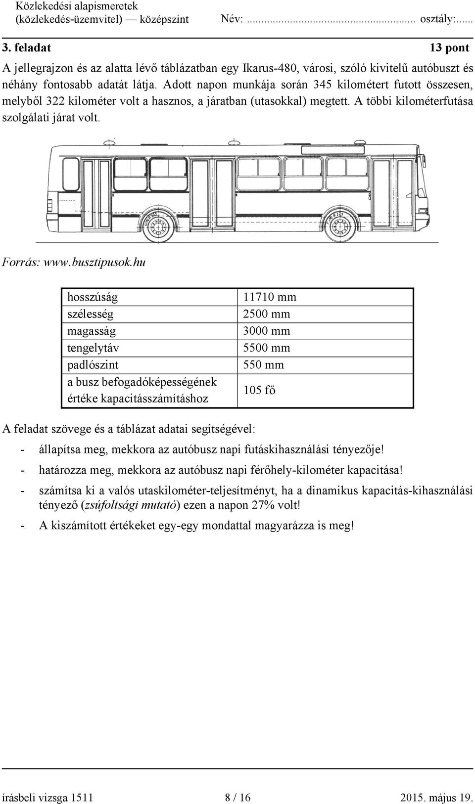 hu hosszúság szélesség magasság tengelytáv padlószint a busz befogadóképességének értéke kapacitásszámításhoz 11710 mm 2500 mm 3000 mm 5500 mm 550 mm 105 fő A feladat szövege és a táblázat adatai
