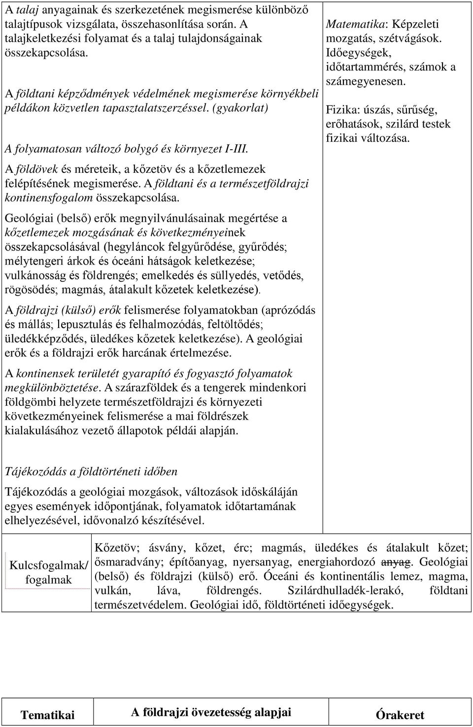 A földövek és méreteik, a kőzetöv és a kőzetlemezek felépítésének megismerése. A földtani és a természetföldrajzi kontinensfogalom összekapcsolása.