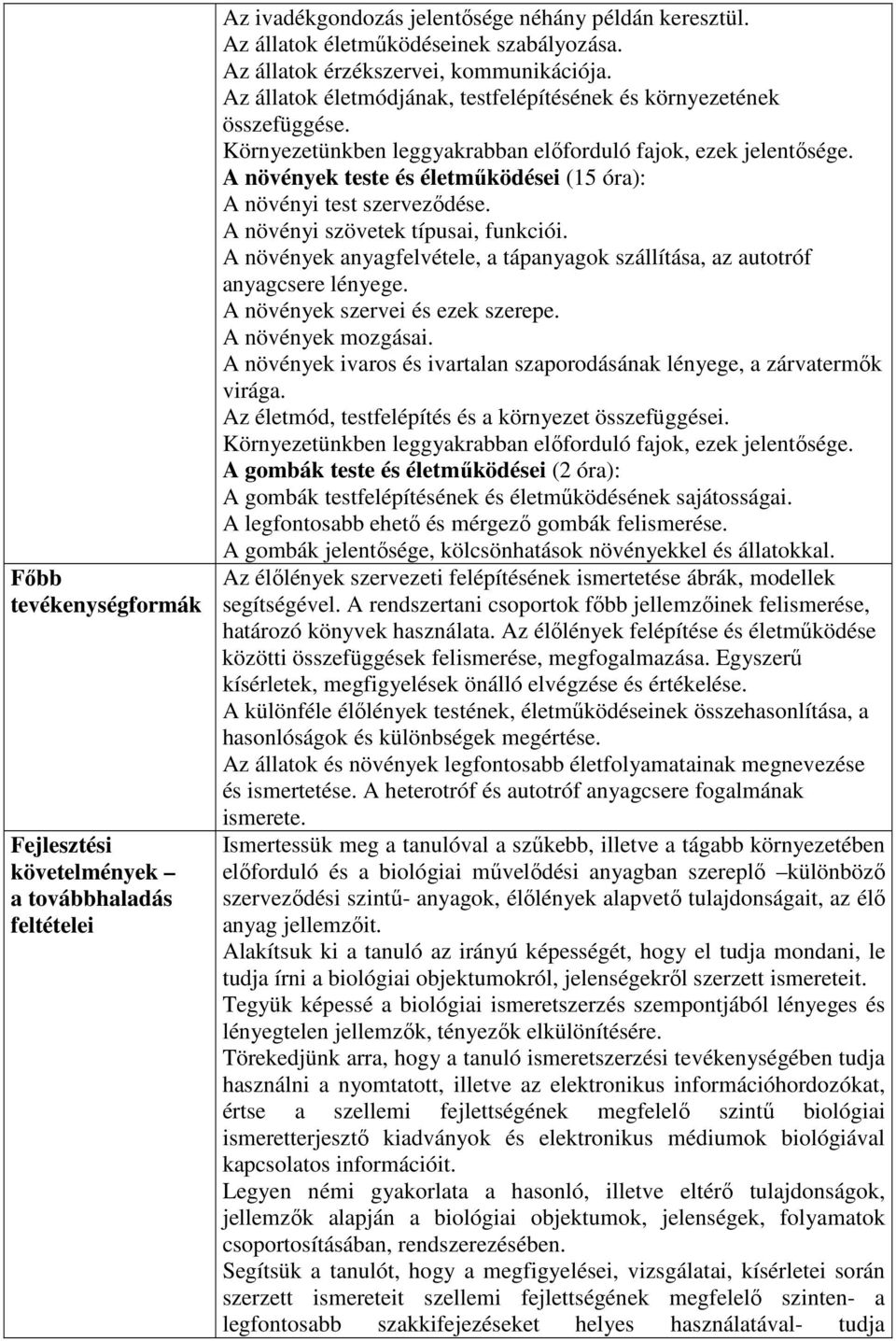 A növények teste és életmőködései (15 óra): A növényi test szervezıdése. A növényi szövetek típusai, funkciói. A növények anyagfelvétele, a tápanyagok szállítása, az autotróf anyagcsere lényege.