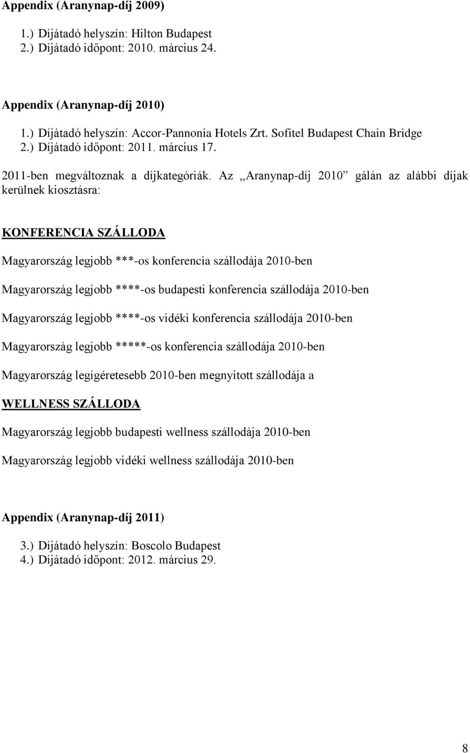 Az Aranynap-díj 2010 gálán az alábbi díjak kerülnek kiosztásra: KONFERENCIA SZÁLLODA Magyarország legjobb ***-os konferencia szállodája 2010-ben Magyarország legjobb ****-os budapesti konferencia