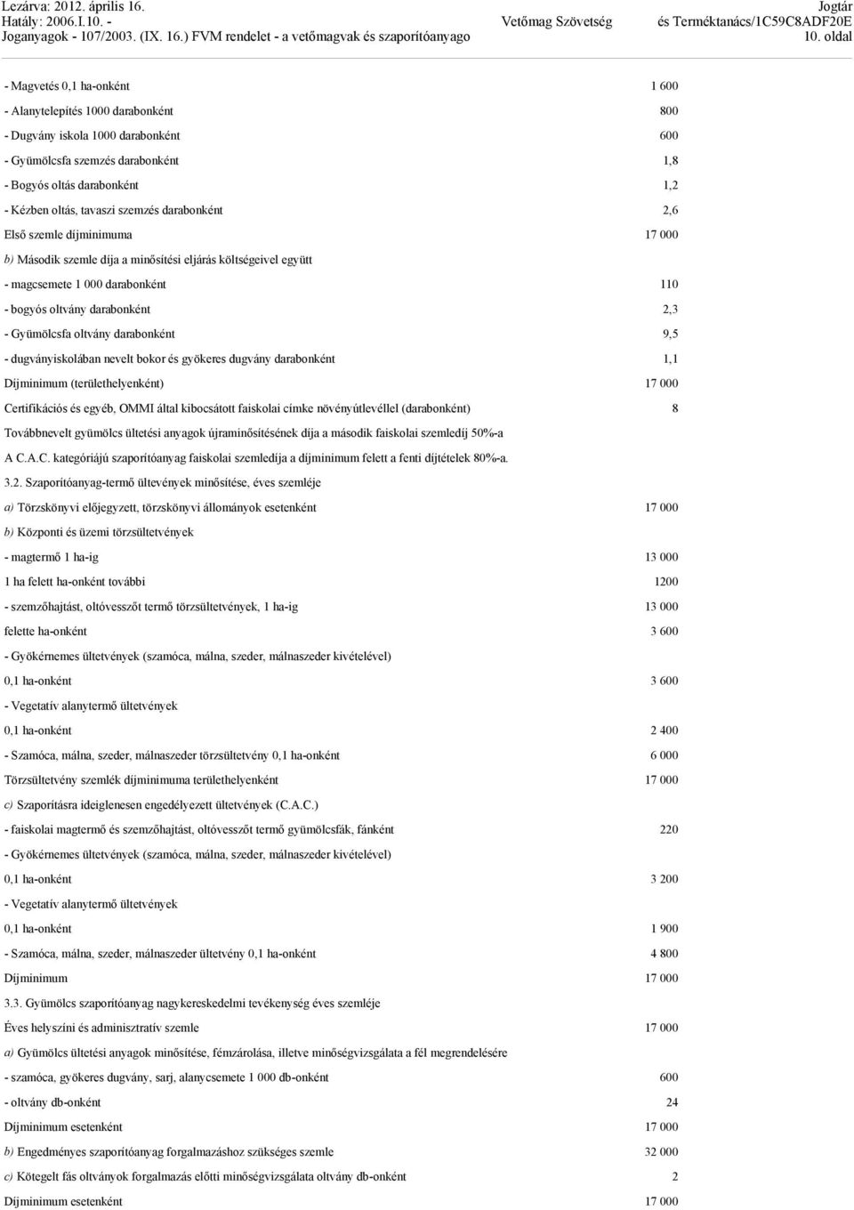 2,3 - Gyümölcsfa oltvány darabonként 9,5 - dugványiskolában nevelt bokor és gyökeres dugvány darabonként 1,1 Díjminimum (területhelyenként) 17 000 Certifikációs és egyéb, OMMI által kibocsátott