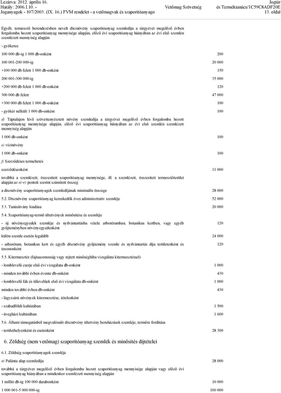 felett 1 000 db-onként 120 300 000 db felett 47 000 +300 000 db felett 1 000 db-onként 100 - gyökér nélküli 1 000 db-onként 100 d) Táptalajon lévı szövettenyésztett növény szemledíja a tárgyévet