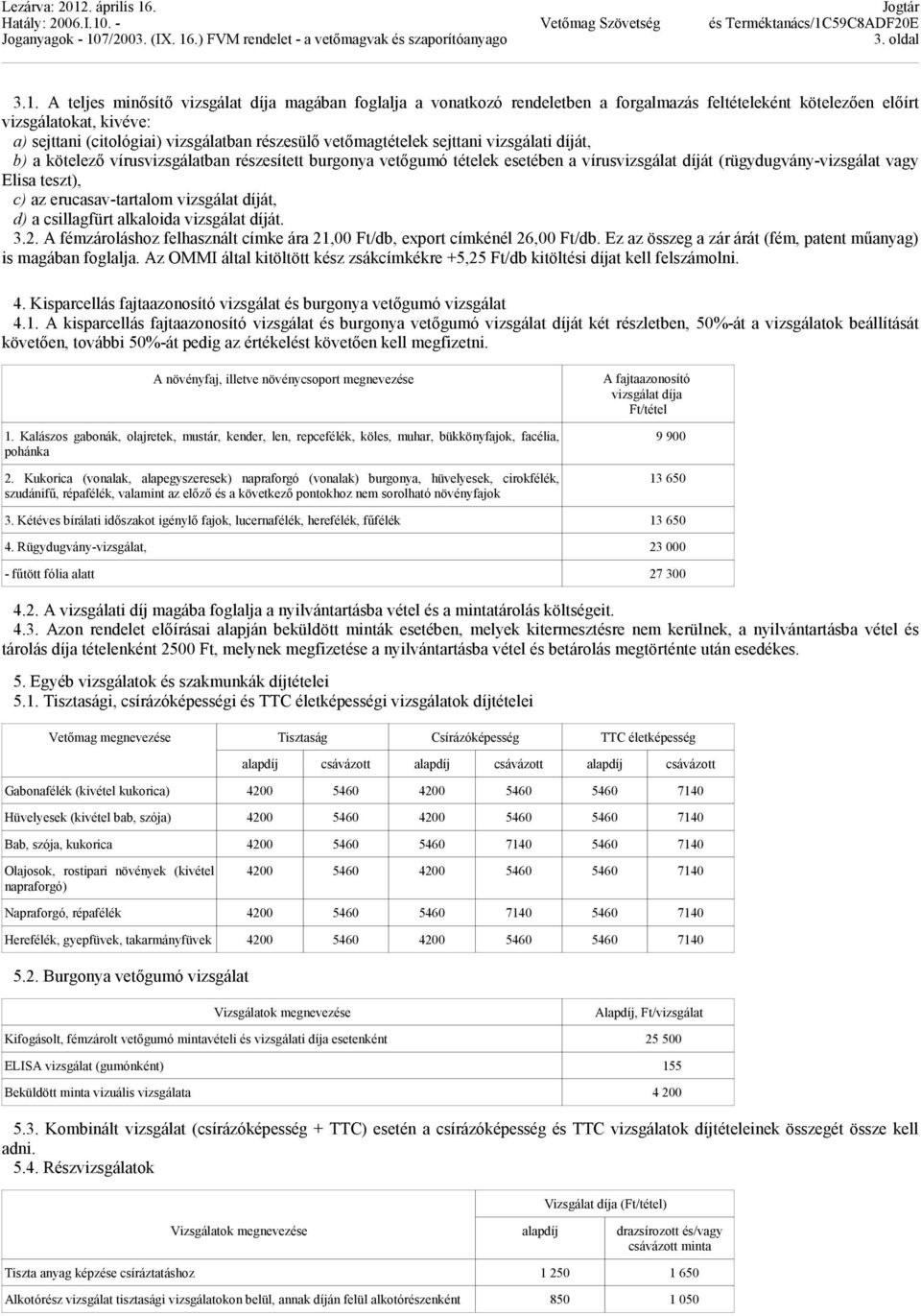 vetımagtételek sejttani vizsgálati díját, b) a kötelezı vírusvizsgálatban részesített burgonya vetıgumó tételek esetében a vírusvizsgálat díját (rügydugvány-vizsgálat vagy Elisa teszt), c) az