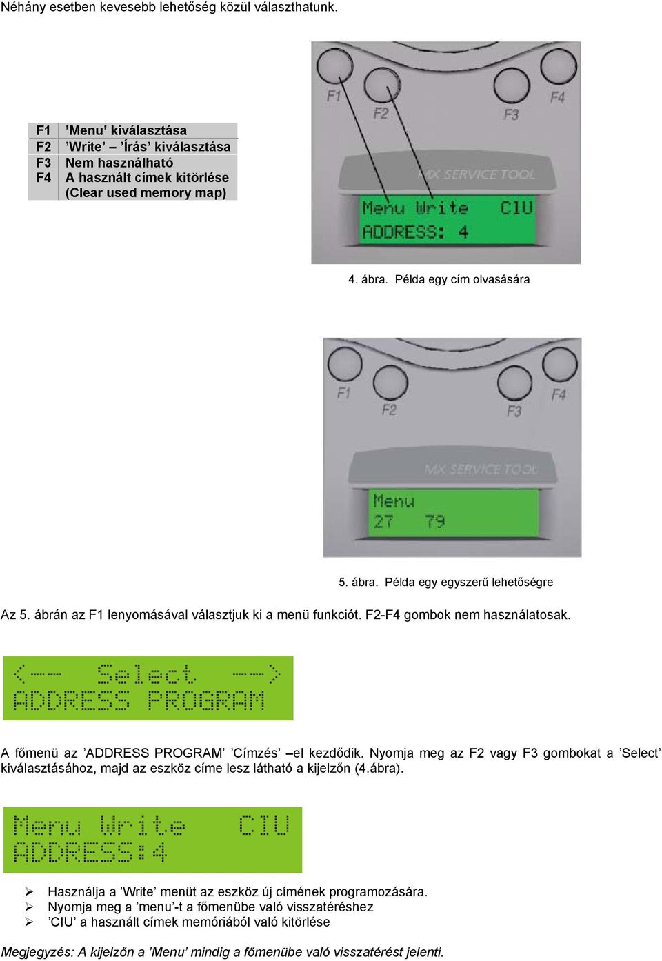 A főmenü az ADDRESS PROGRAM Címzés el kezdődik. Nyomja meg az F2 vagy F3 gombokat a Select kiválasztásához, majd az eszköz címe lesz látható a kijelzőn (4.ábra).