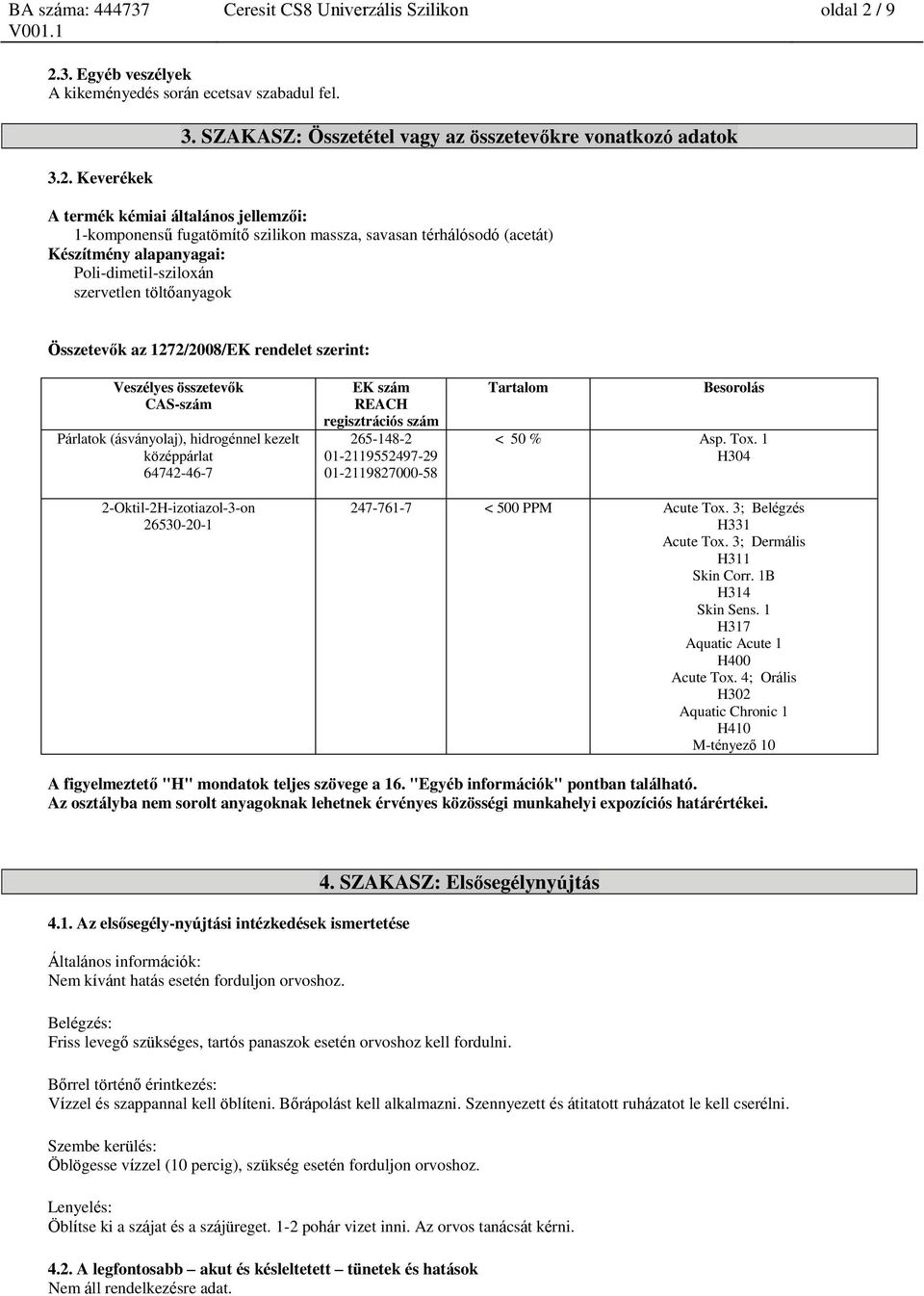 Poli-dimetil-sziloxán szervetlen töltőanyagok Összetevők az 1272/2008/EK rendelet szerint: Párlatok (ásványolaj), hidrogénnel kezelt középpárlat EK szám REACH regisztrációs szám 265-148-2