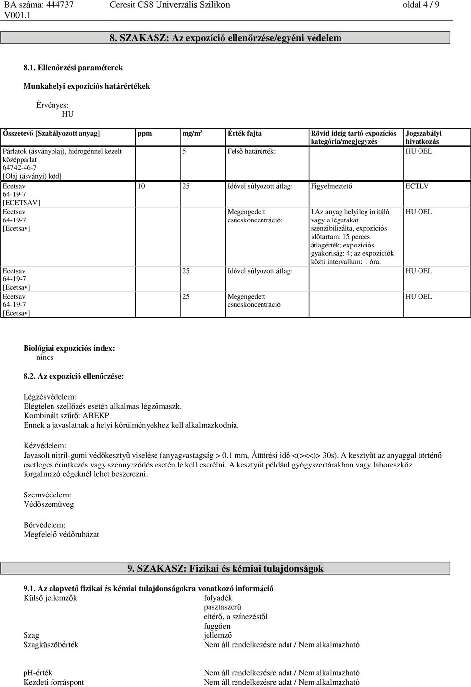 Párlatok (ásványolaj), hidrogénnel kezelt 5 Felső határérték: HU OEL középpárlat [Olaj (ásványi) köd] Ecetsav 10 25 Idővel súlyozott átlag: Figyelmeztető ECTLV 64-19-7 [ECETSAV] Ecetsav Megengedett I.