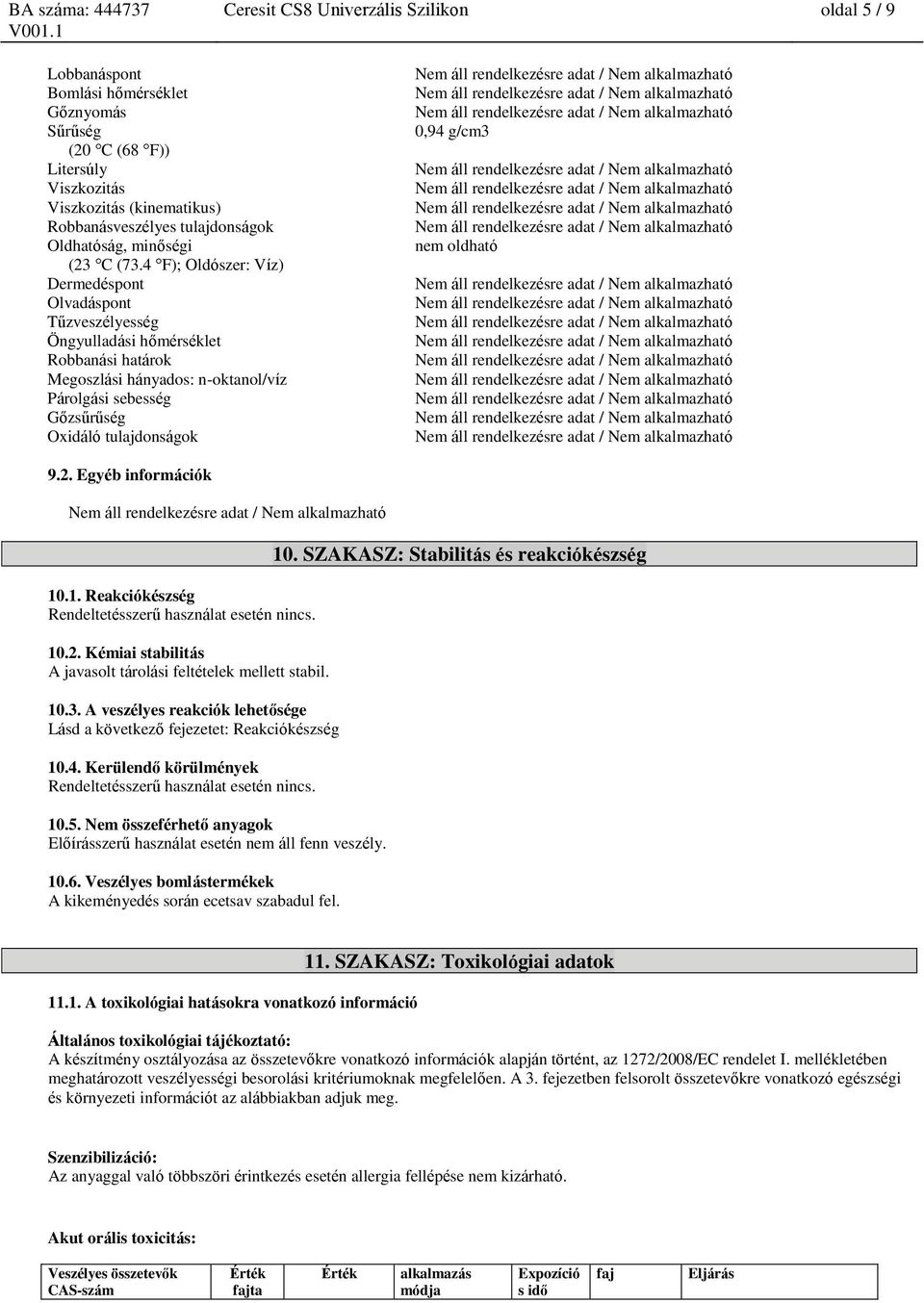 4 F); Oldószer: Víz) Dermedéspont Olvadáspont Tűzveszélyesség Öngyulladási hőmérséklet Robbanási határok Megoszlási hányados: n-oktanol/víz Párolgási sebesség Gőzsűrűség Oxidáló tulajdonságok 0,94