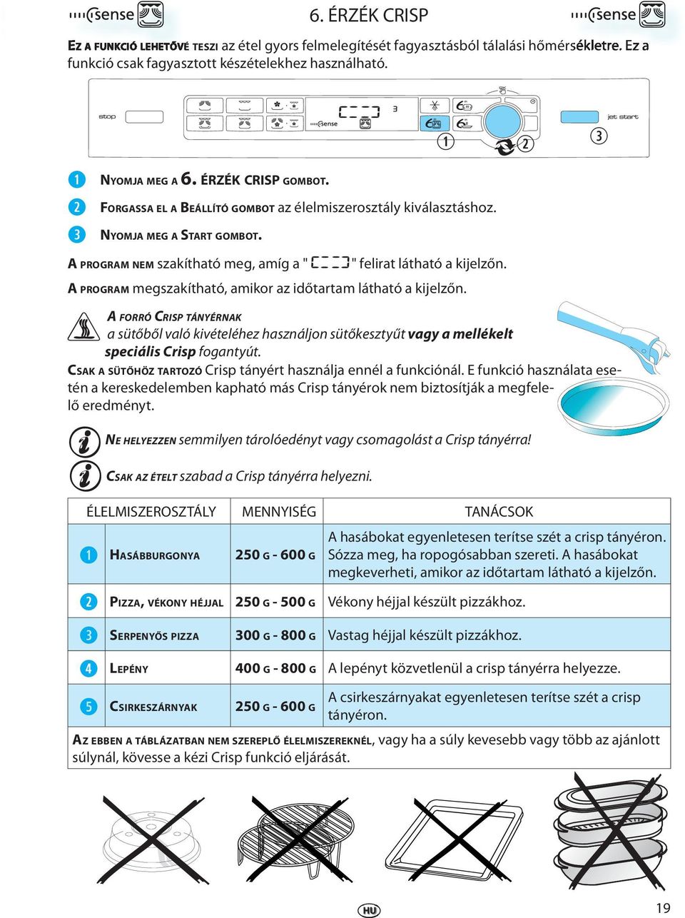 A FORRÓ CRISP TÁNYÉRNAK a sütőből való kivétléhz használjon sütőksztyűt vagy a mlléklt spciális Cisp fogantyút. CSAK A SÜTŐHÖZ TARTOZÓ Cisp tányét használja nnél a funkciónál.