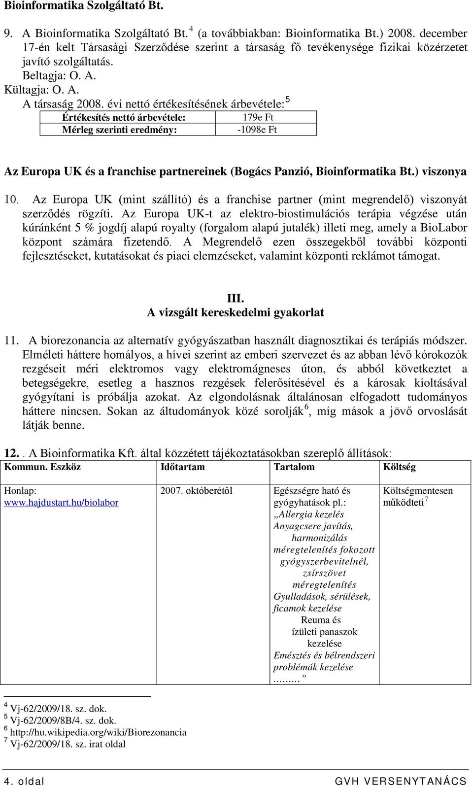 évi nettó értékesítésének árbevétele: 5 Értékesítés nettó árbevétele: Mérleg szerinti eredmény: 179e Ft -1098e Ft Az Europa UK és a franchise partnereinek (Bogács Panzió, Bioinformatika Bt.