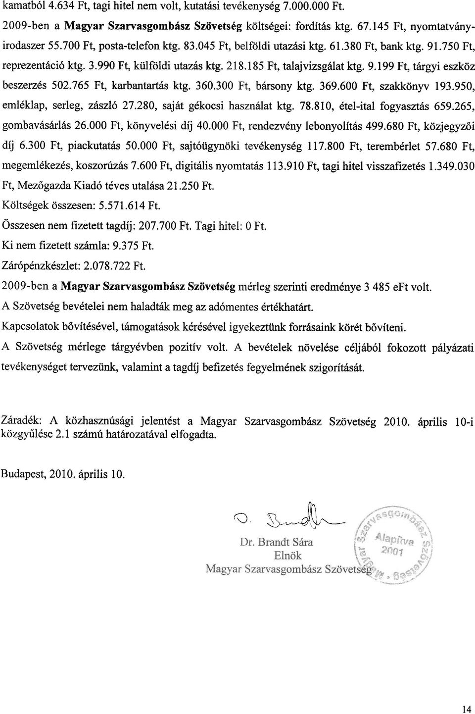 765 Ft, karbantartas ktg. 360.300 Ft, bcirsony ktg. 369.600 Ft, szakkonyv 193.950, emleklap, serleg, zaszl6 27.280, sajat gekocsi hasznalat ktg. 78.810, etel-ital fogyaszms 659.265, gombavascirlas 26.