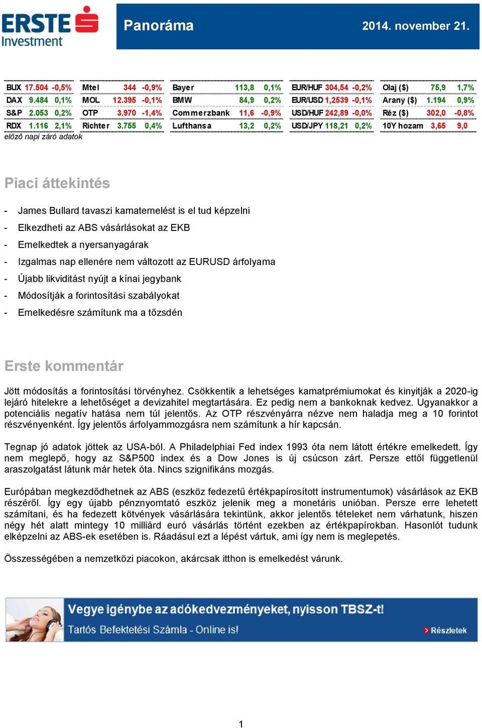755 0,4% Lufthansa 13,2 0,2% USD/JPY 118,21 0,2% 10Y hozam 3,65 9,0 előző napi záró adatok Piaci áttekintés - James Bullard tavaszi kamatemelést is el tud képzelni - Elkezdheti az ABS vásárlásokat az
