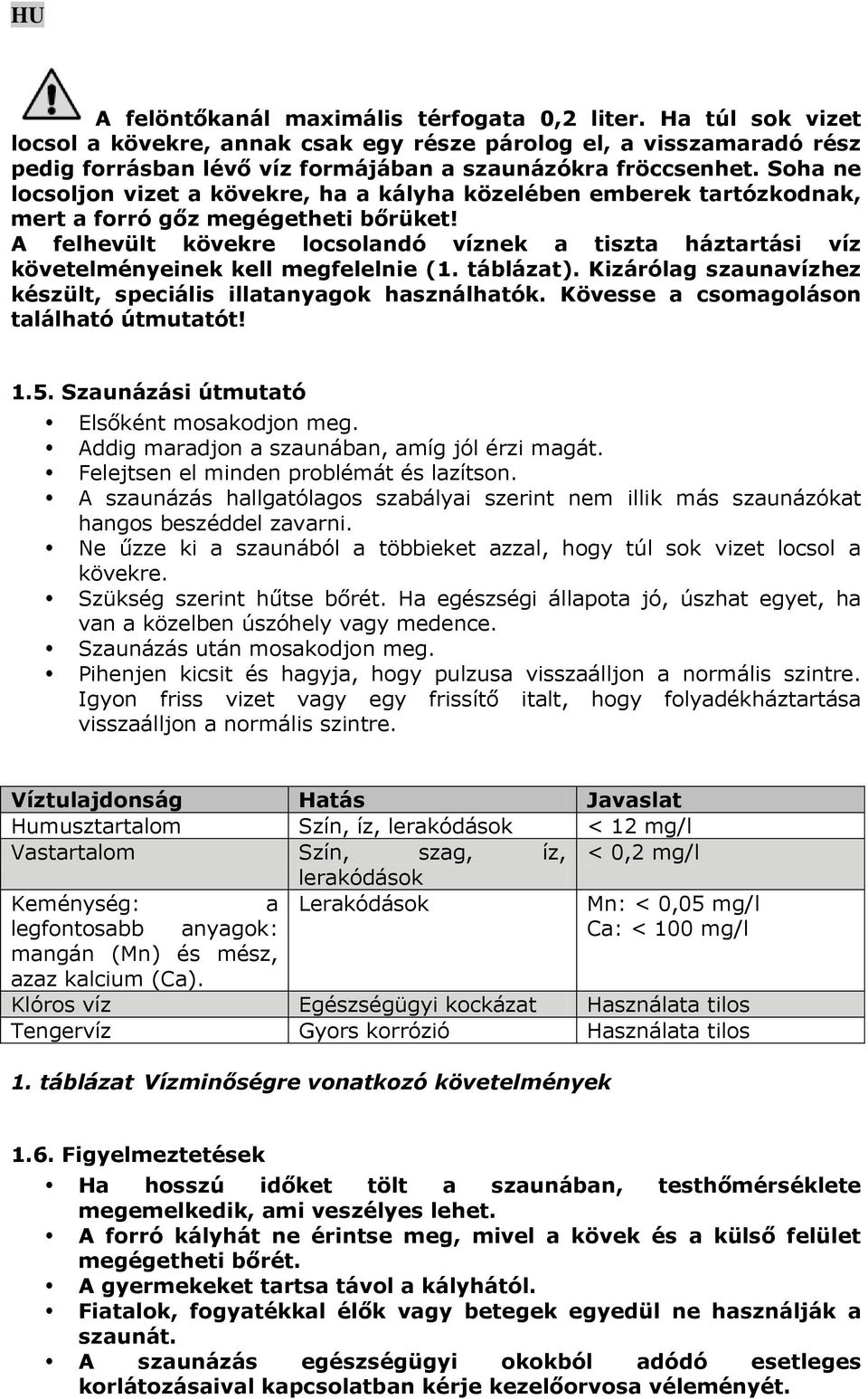 A felhevült kövekre locsolandó víznek a tiszta háztartási víz követelményeinek kell megfelelnie (1. táblázat). Kizárólag szaunavízhez készült, speciális illatanyagok használhatók.