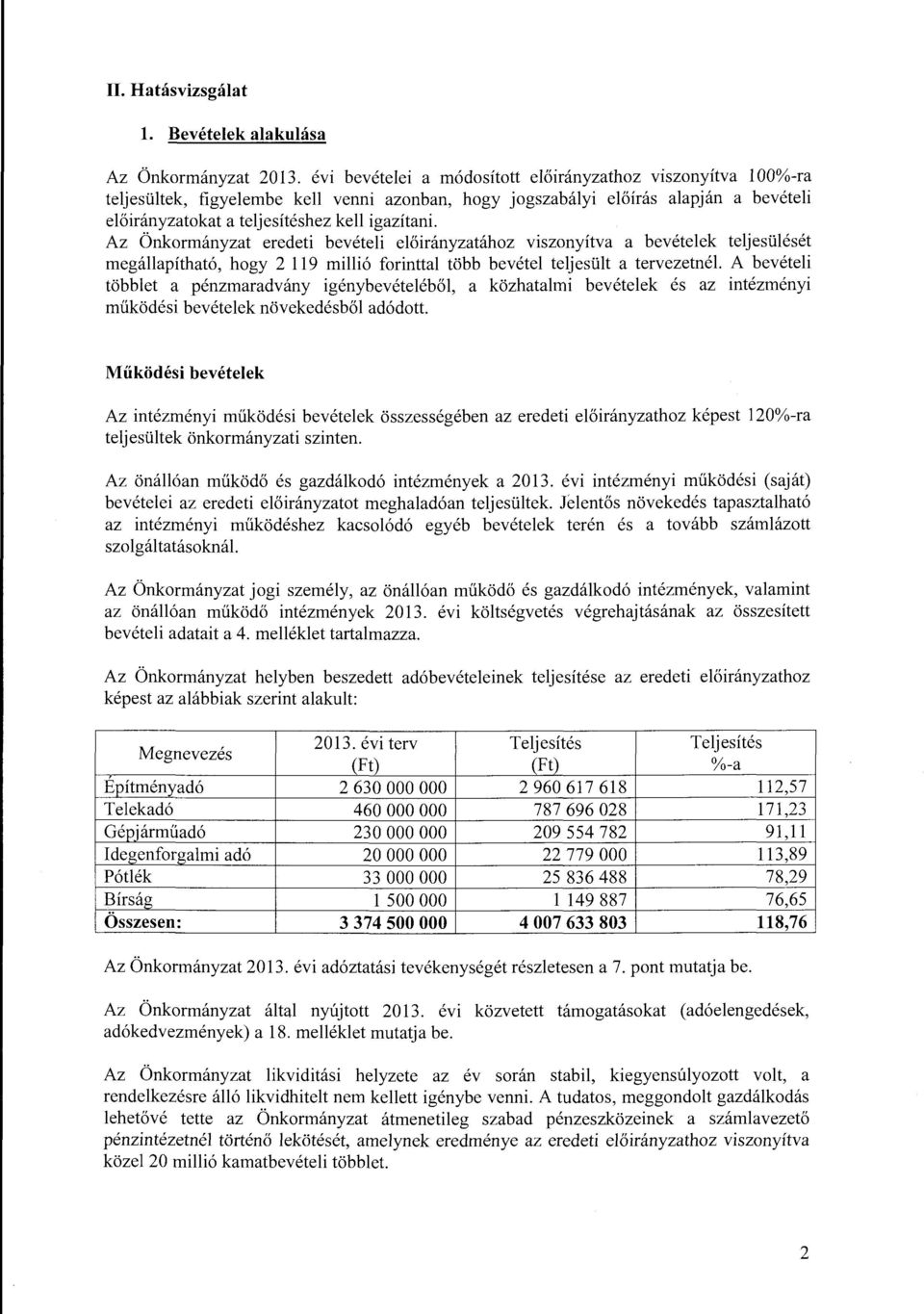 Az Önkrmányzat eredeti bevételi előirányzatáhz visznyítva a bevételek teljesülését megállapítható, hgy 2 119 millió frinttal több bevétel teljesült a tervezetnél A bevételi többlet a pénzmaradvány