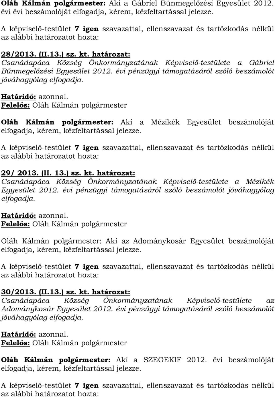 Oláh Kálmán polgármester: Aki a Mézikék Egyesület beszámolóját elfogadja, kérem, kézfeltartással jelezze. 29/ 2013. (II. 13.) sz. kt.