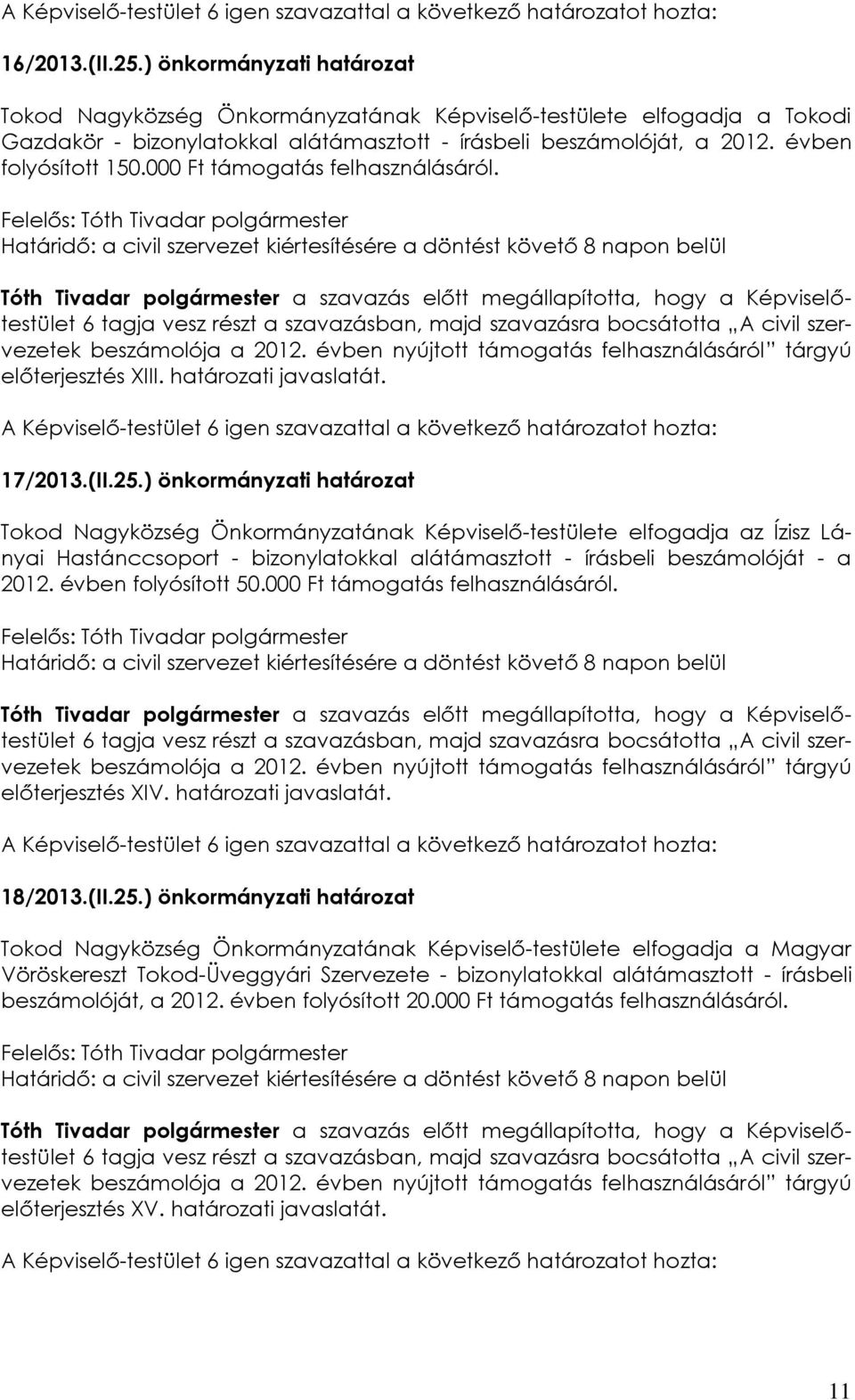 ) önkormányzati határozat Tokod Nagyközség Önkormányzatának Képviselő-testülete elfogadja az Ízisz Lányai Hastánccsoport - bizonylatokkal alátámasztott - írásbeli beszámolóját - a 2012.