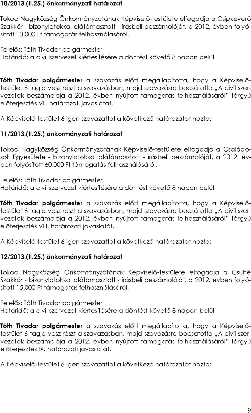 ) önkormányzati határozat Tokod Nagyközség Önkormányzatának Képviselő-testülete elfogadja a Családosok Egyesülete - bizonylatokkal alátámasztott - írásbeli beszámolóját, a 2012. évben folyósított 60.