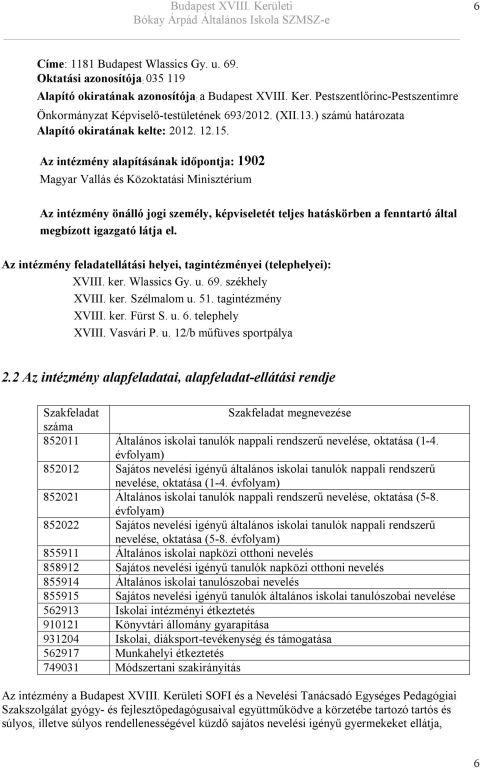 Az intézmény alapításának időpontja: 1902 Magyar Vallás és Közoktatási Minisztérium Az intézmény önálló jogi személy, képviseletét teljes hatáskörben a fenntartó által megbízott igazgató látja el.