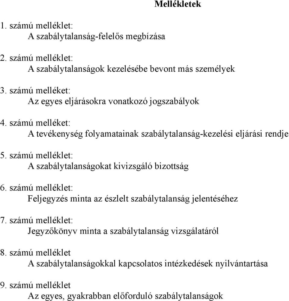 számú melléklet: A szabálytalanságokat kivizsgáló bizottság 6. számú melléklet: Feljegyzés minta az észlelt szabálytalanság jelentéséhez 7.