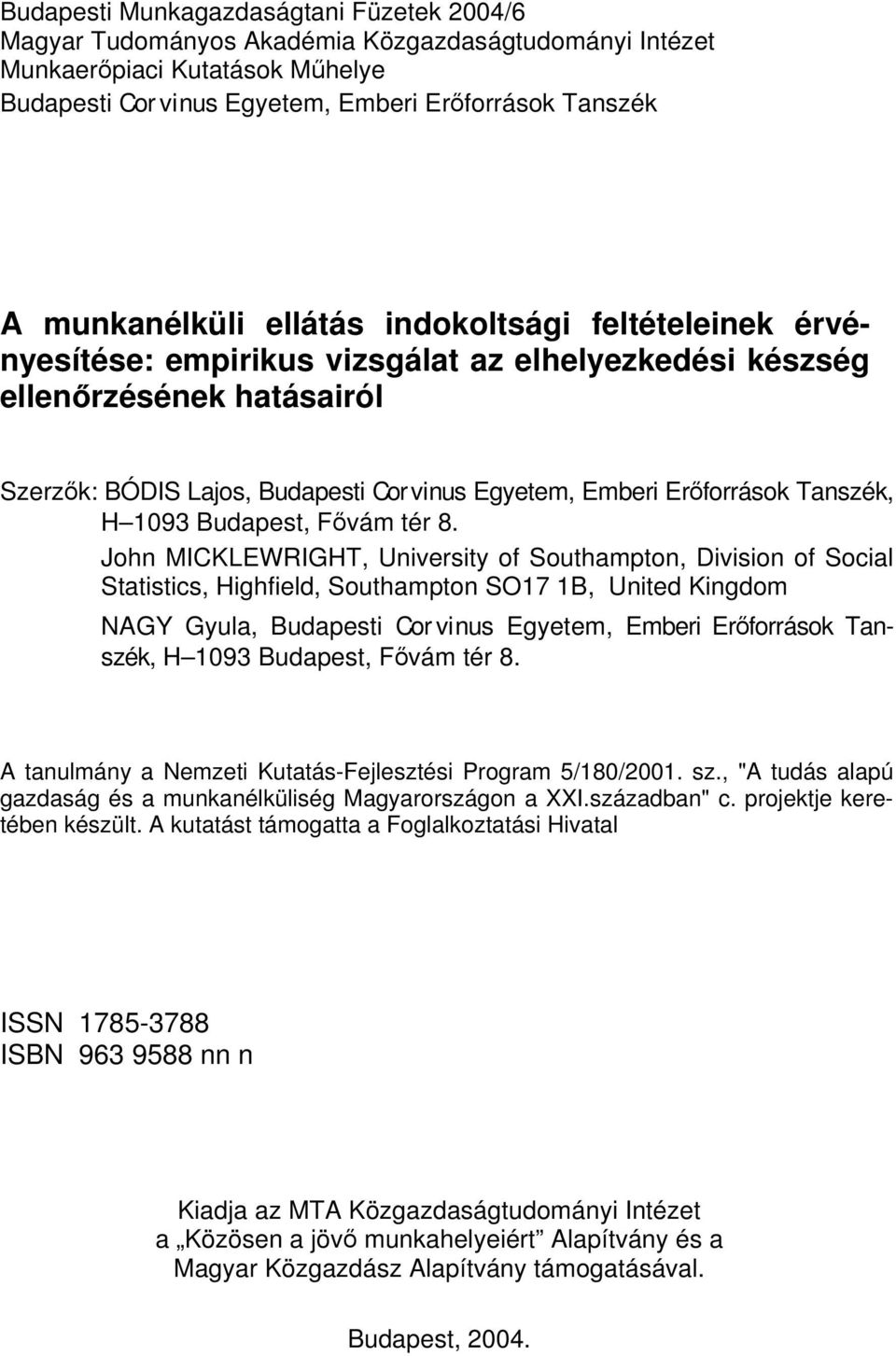 Erőforrások Tanszék, H 1093 Budapest, Fővám tér 8.