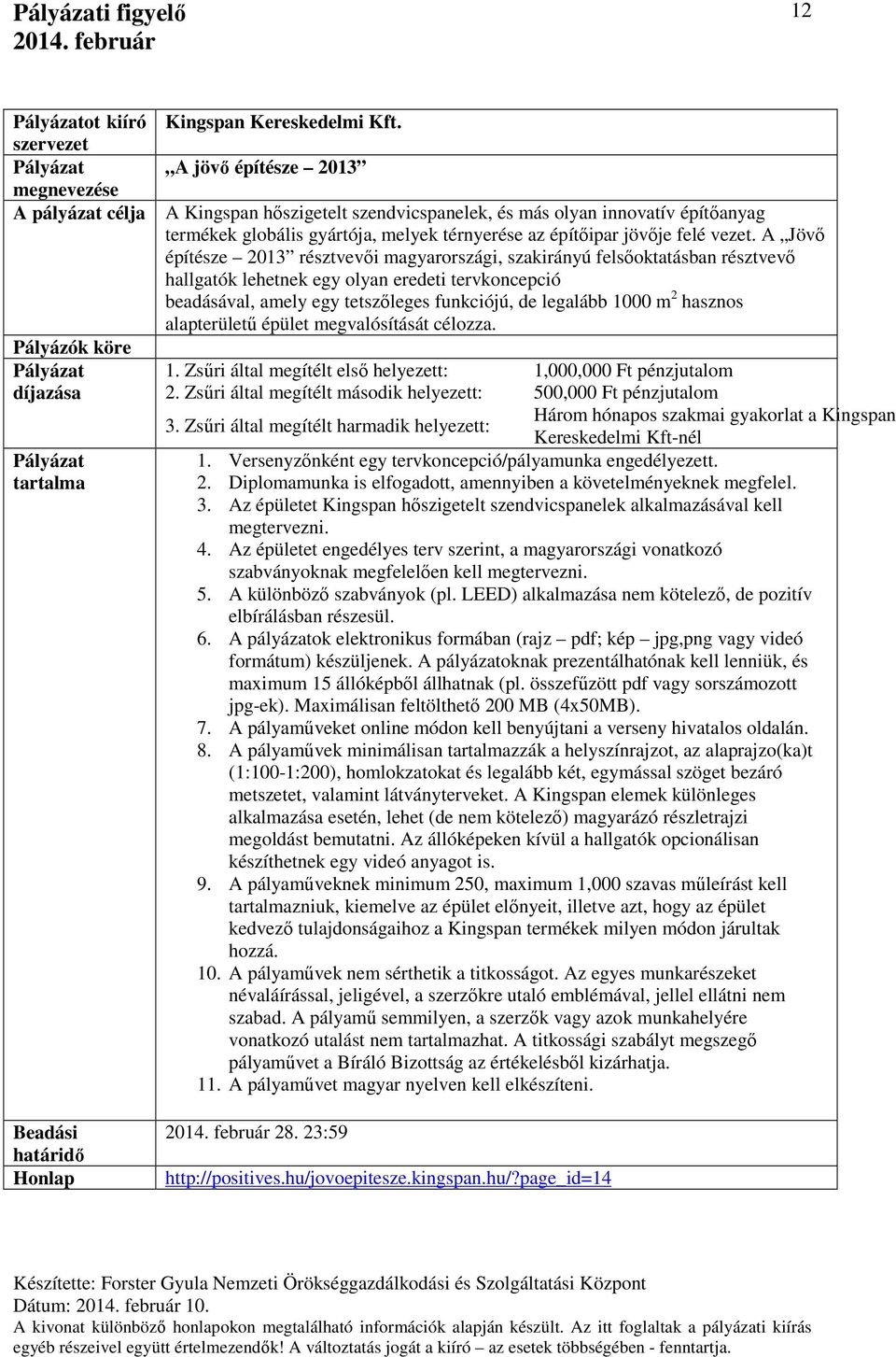 A Jövő építésze 2013 résztvevői magyarországi, szakirányú felsőoktatásban résztvevő hallgatók lehetnek egy olyan eredeti tervkoncepció beadásával, amely egy tetszőleges funkciójú, de legalább 1000 m