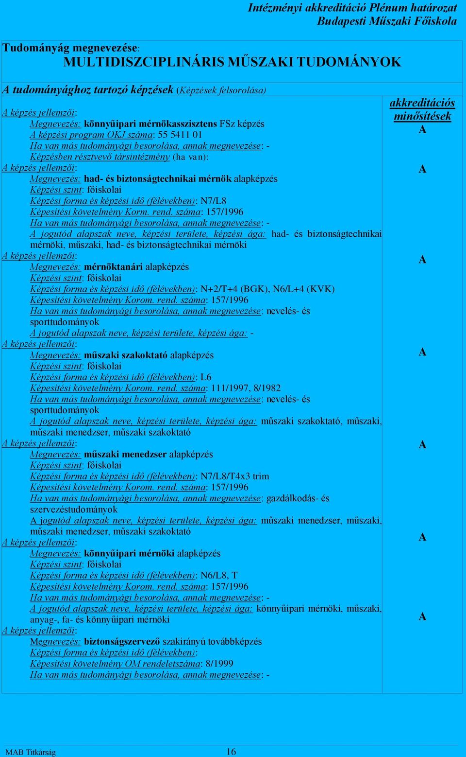 alapképzés Képzési szint: főiskolai Képzési forma és képzési idő (félévekben): N7/L8 Képesítési követelmény Korm. rend.