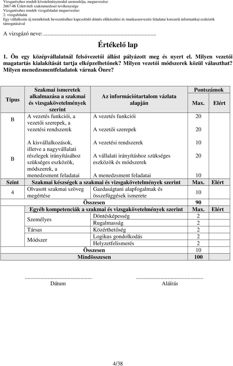 Típus B Szakmai ismeretek alkalmazása a szakmai és vizsgakövetelmények szerint A vezetés funkciói, a vezetői szerepek, a vezetési rendszerek Az információtartalom vázlata alapján A vezetés funkciói A