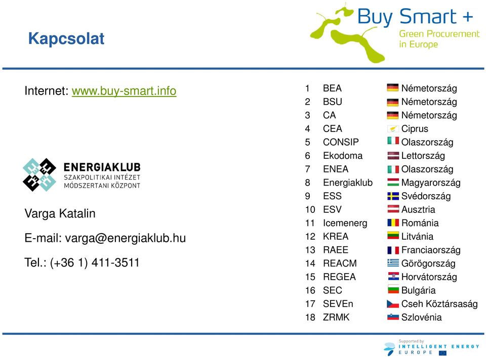 Ekodoma Lettország 7 ENEA Olaszország 8 Energiaklub Magyarország 9 ESS Svédország 10 ESV Ausztria 11 Icemenerg