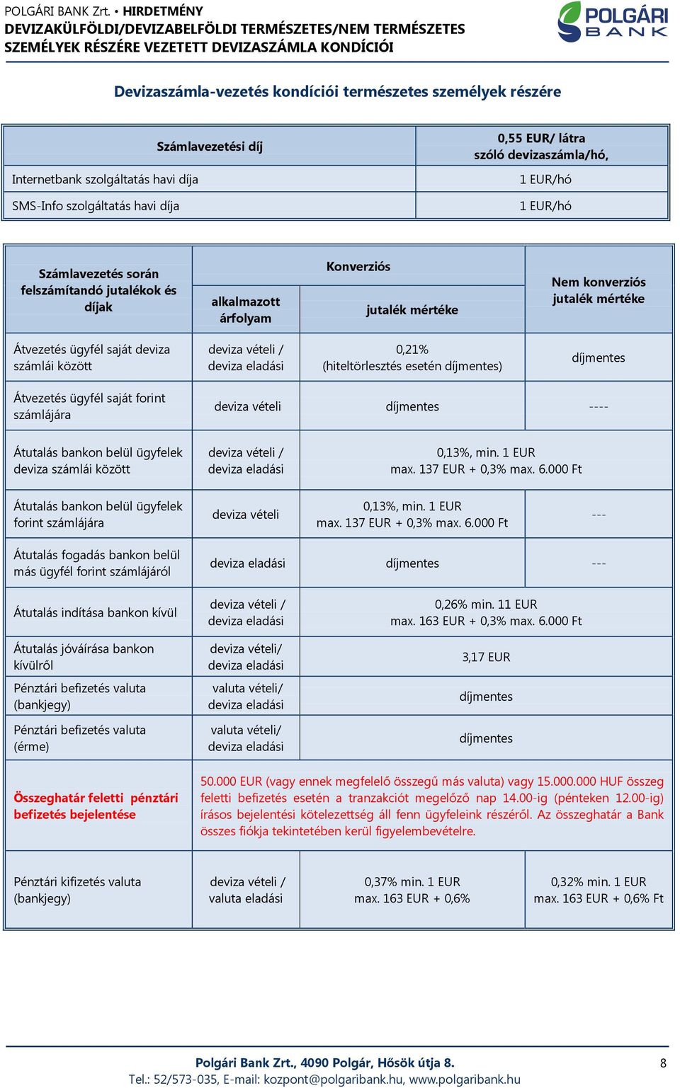 (hiteltörlesztés esetén ) Átvezetés ügyfél saját forint számlájára deviza vételi ---- Átutalás bankon belül ügyfelek deviza számlái között 0,13%, min. 1 EUR max. 137 EUR + 0,3% max. 6.