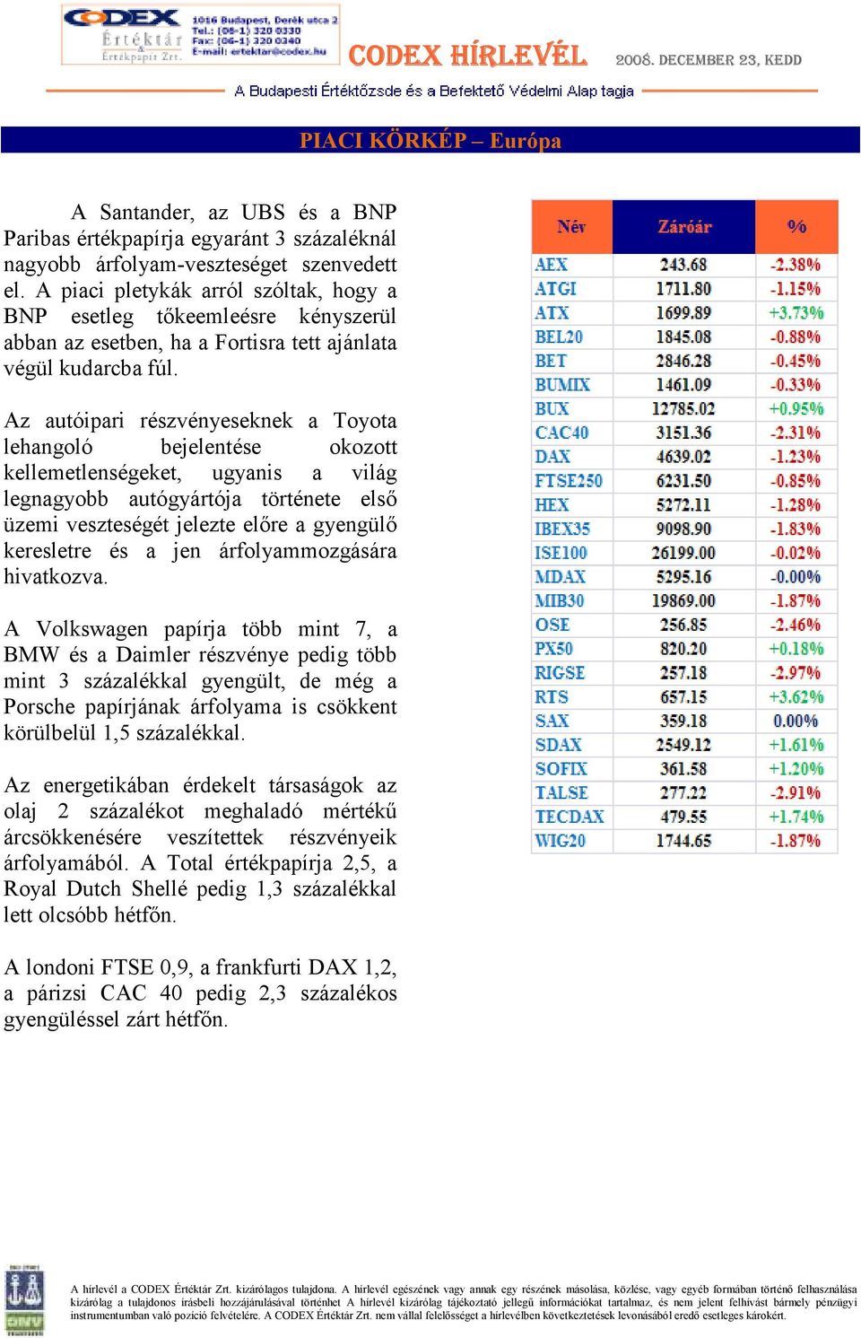 Az autóipari részvényeseknek a Toyota lehangoló bejelentése okozott kellemetlenségeket, ugyanis a világ legnagyobb autógyártója története elsı üzemi veszteségét jelezte elıre a gyengülı keresletre és